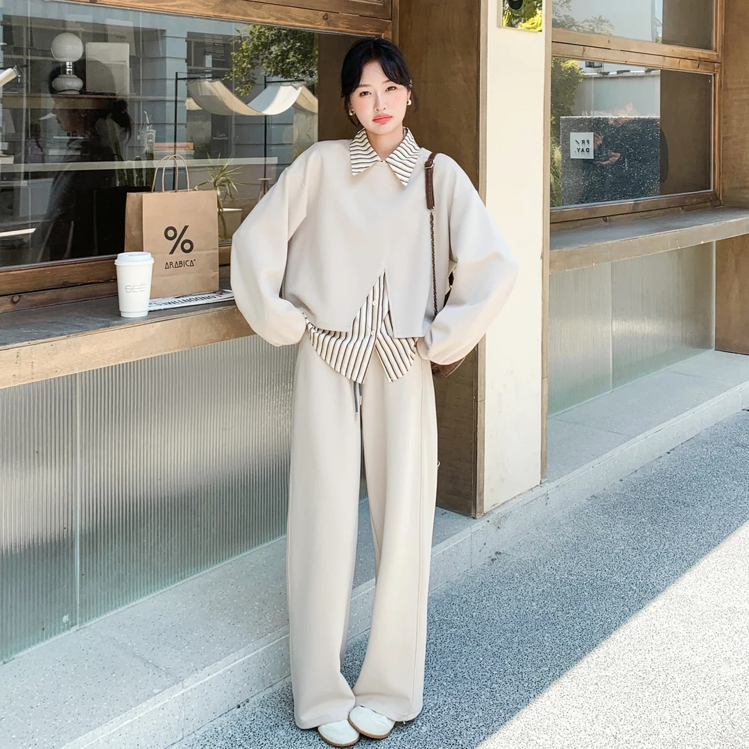 三件套休闲风宽松长袖阔腿裤秋冬时尚卫衣套装女