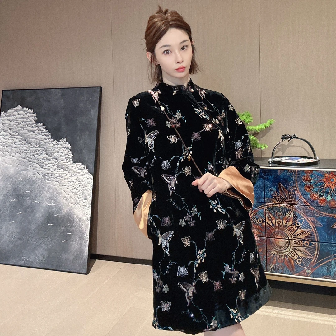 KK颜小新【蝶舞花影】新中式国风气质长款百搭舒适复古时尚连衣裙