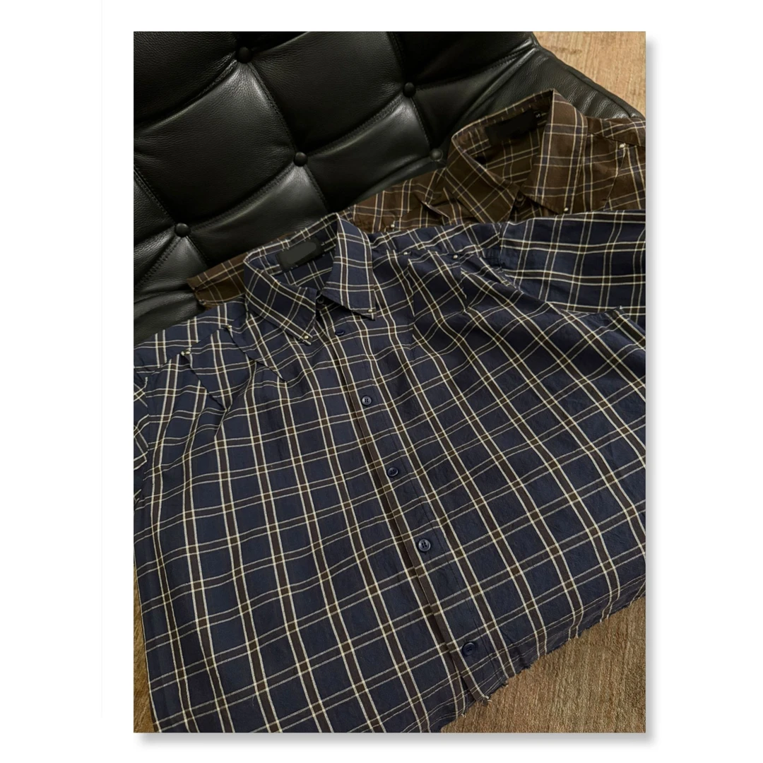 Uninhabitable 格子铆钉褶皱衬衫！宽松百搭撞色格纹衬衣男女同款