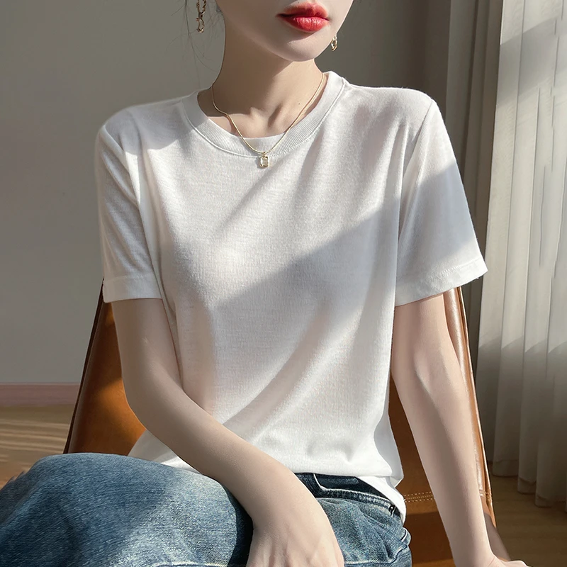 2025夏季新款短袖T恤莱赛尔双股压边圆领经典百搭显瘦气质t恤A63