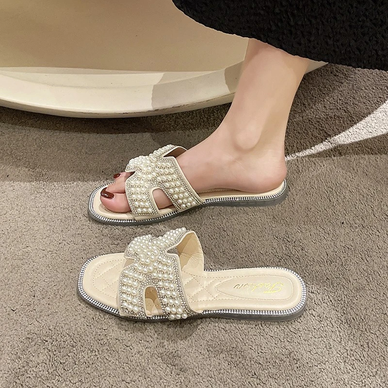 珍珠拖鞋女夏外穿时尚新款女凉鞋仙气软底一字网红凉拖平底女款