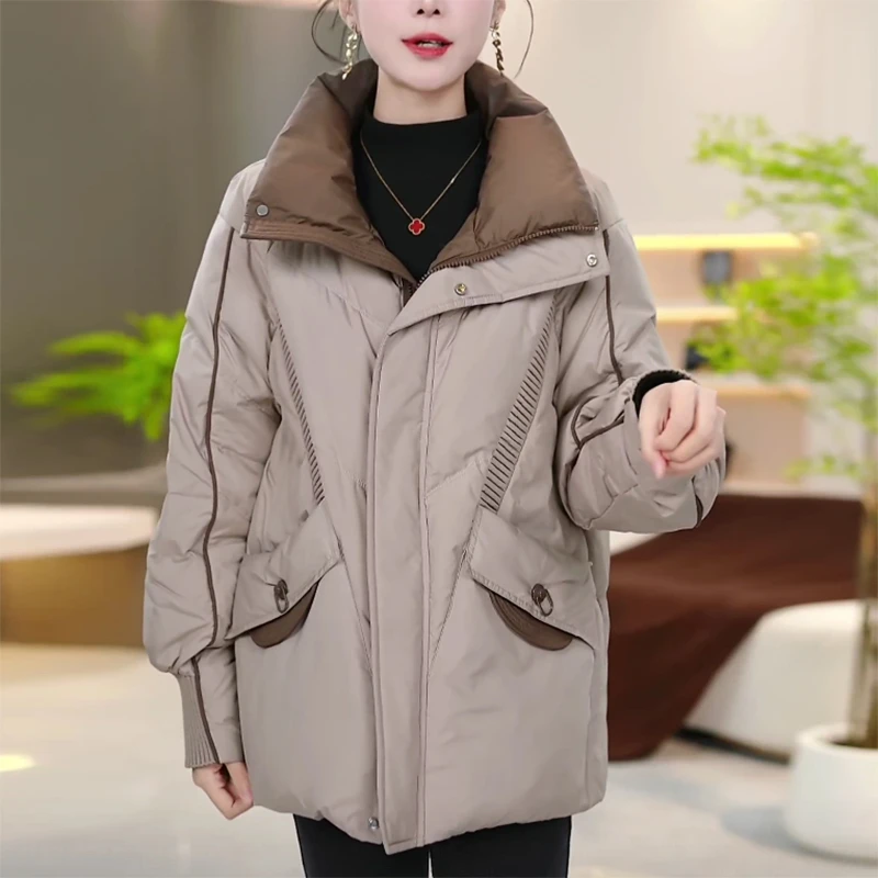 冬季加厚百搭显瘦修身气质时尚宽松翻领纯色保暖白鸭绒羽绒服外套