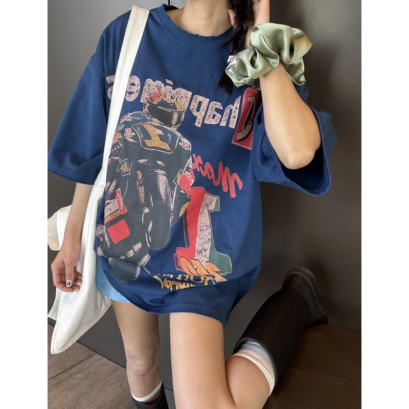 007【夏季新款】前后摩托车赛车手高街潮牌休闲宽松圆领短袖（85019