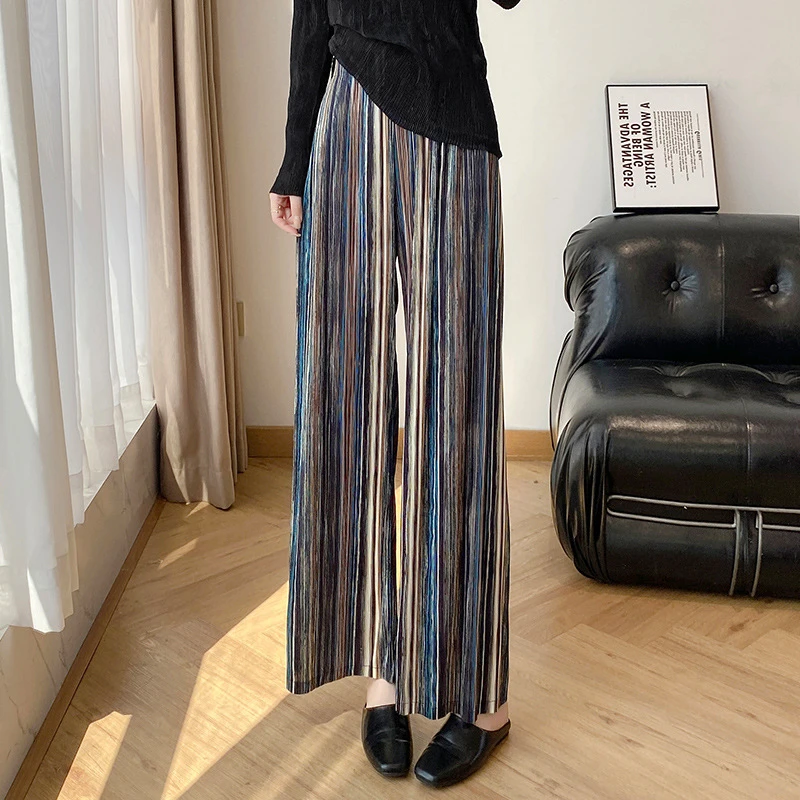 三宅风褶皱休闲裤秋冬季新款时尚通勤波西米亚条纹冰丝百搭阔腿裤
