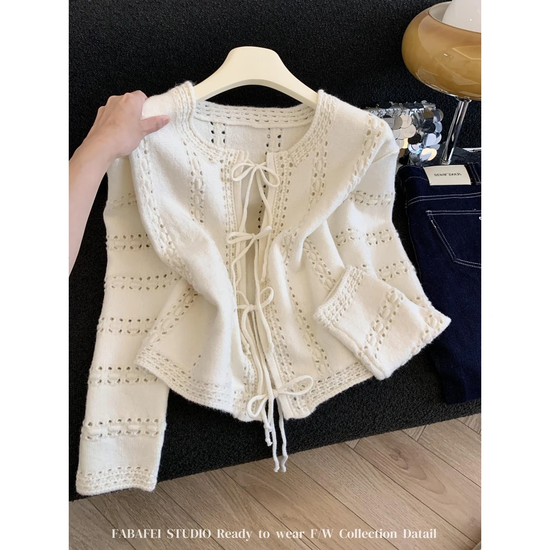 老钱风镂空马海毛毛衣开衫女秋款系带蝴蝶结针织衫别致超好看上衣