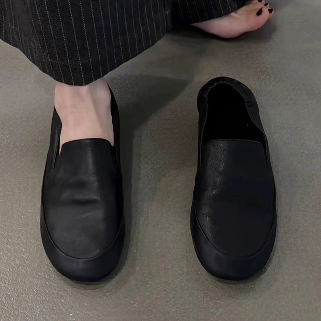 羊皮版~复古风时尚真皮圆头懒人鞋超软百搭一脚蹬平底乐福鞋单鞋