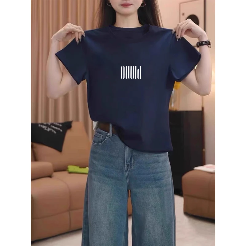 小众设计感正肩纯棉短袖t恤女2025新款时尚百搭藏青色上衣夏季潮