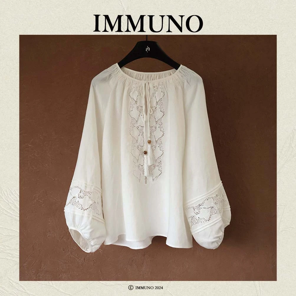 IMMUNO壹糯 复古亚麻灯笼长袖衬衫春季宽松刺绣流苏上衣