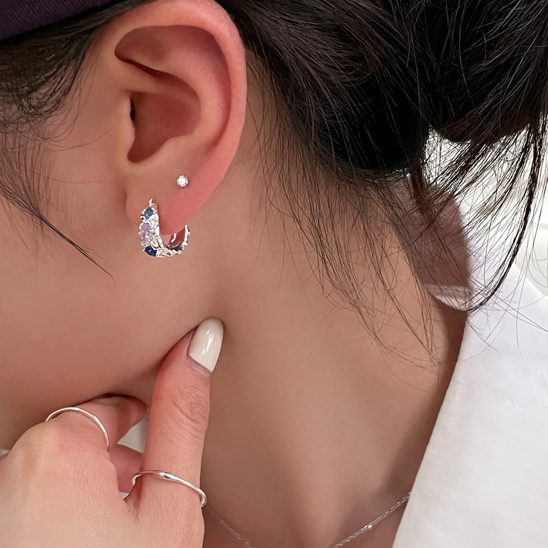 ERBAN/耳伴 925银耳饰 不规则彩色锆石耳环轻奢气质耳圈耳扣耳钉