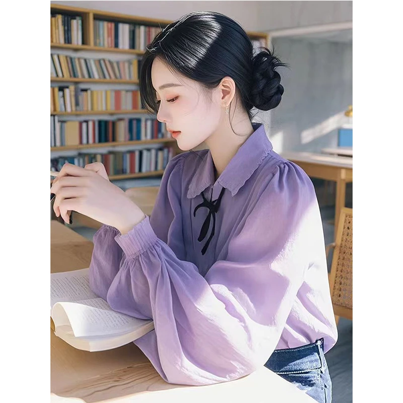 高级感2025春季新款高端时尚气质洋气小众设计感紫色长袖衬衫上衣