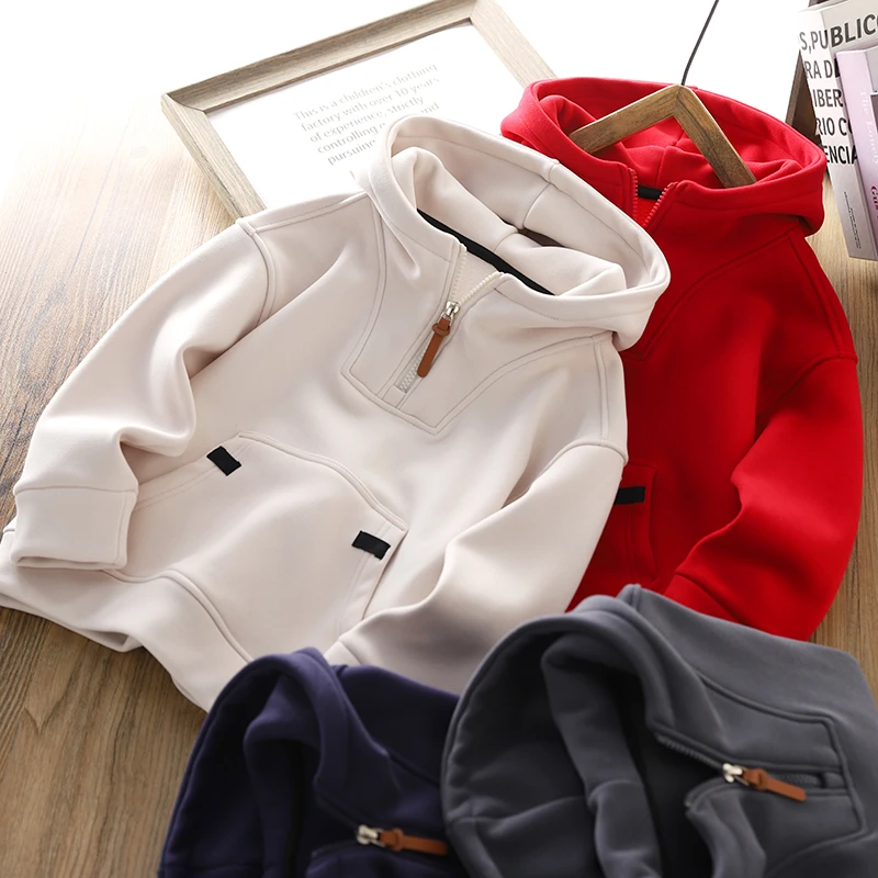 男童加绒卫衣2025秋冬新款儿童保暖防风连帽上衣百搭半拉链打底衫