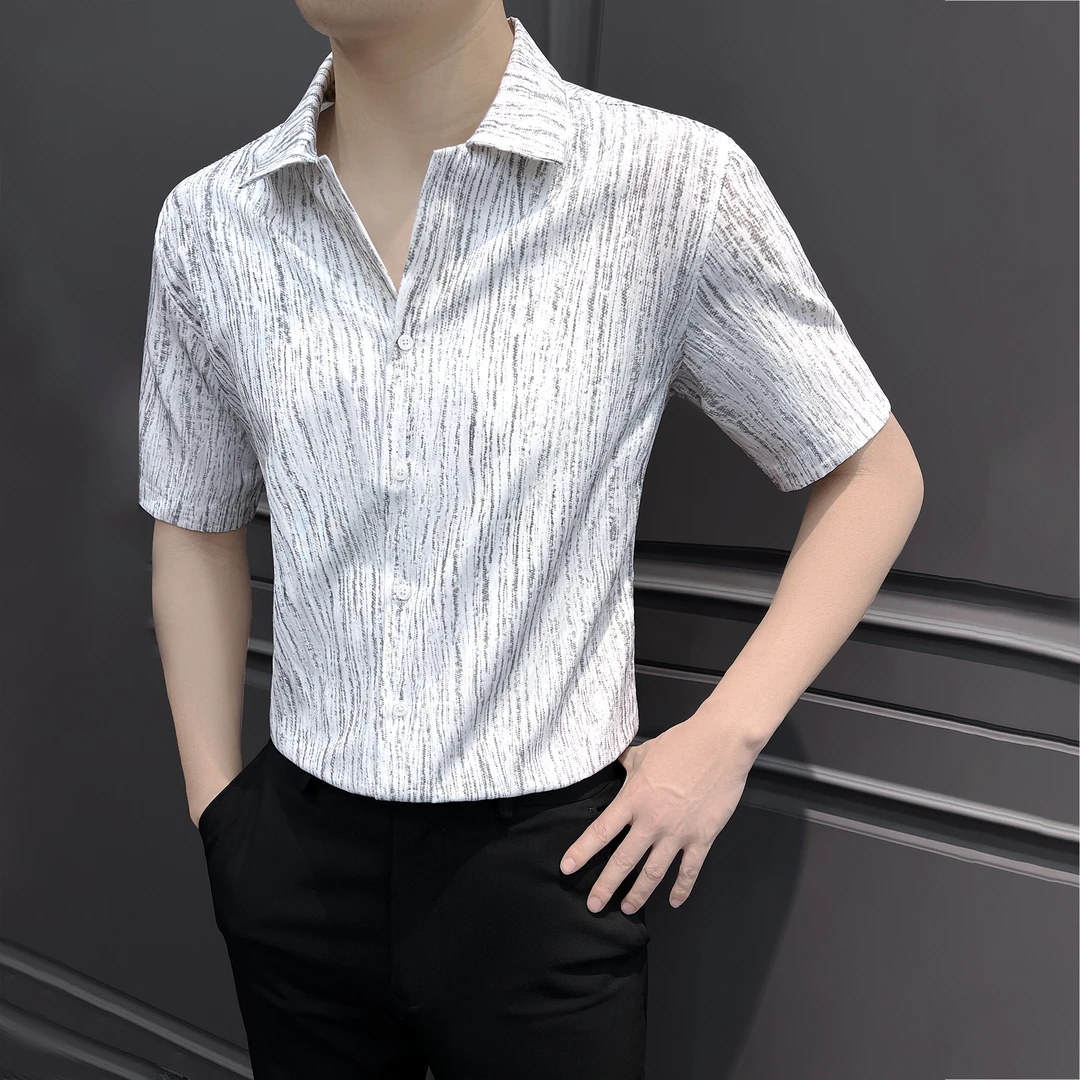 V领衬衫男款短袖秋季爆款2025新款痞帅男装潮流扎染修身男士衬衣