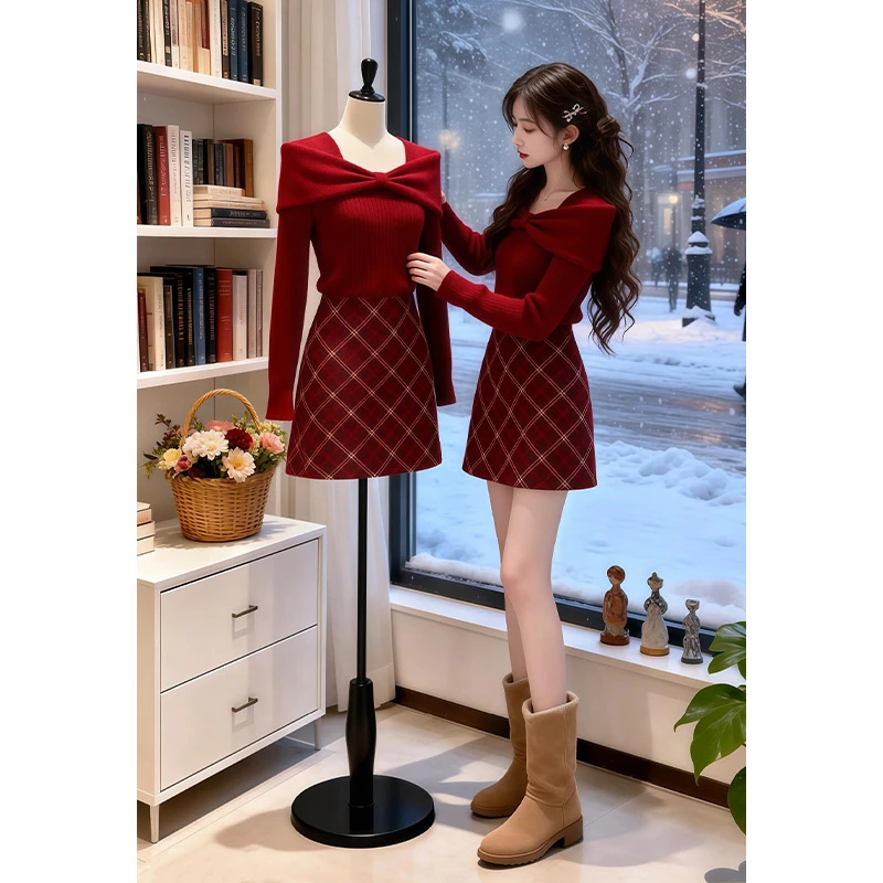 红色蝴蝶结毛衣针织衫女20256秋冬季新款高级感超好看半裙两件套