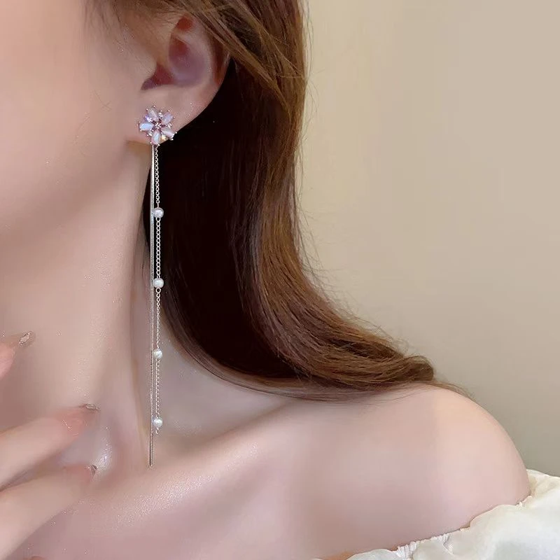 合金合成锆石耳饰 欧美风时尚长款植物花卉法式百搭气质轻奢N2482