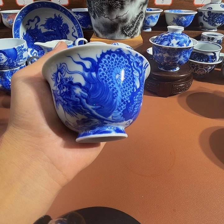 佛***哥青花手工手绘龙纹盖碗