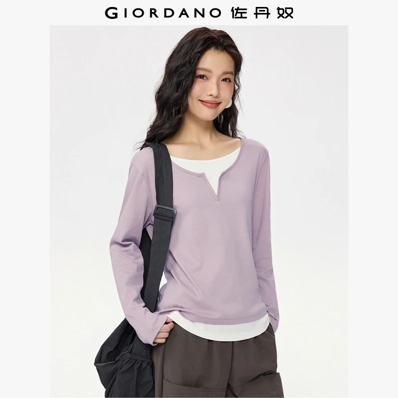 佐丹奴T恤女装亲肤纯棉假两件撞色针织长袖T恤 05325782