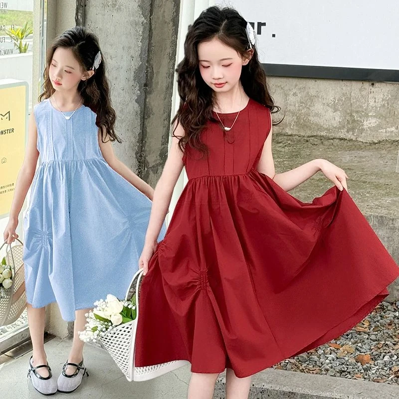 女童连衣裙夏装洋气时尚中大女孩无袖背心裙打褶棉布裙儿童裙子