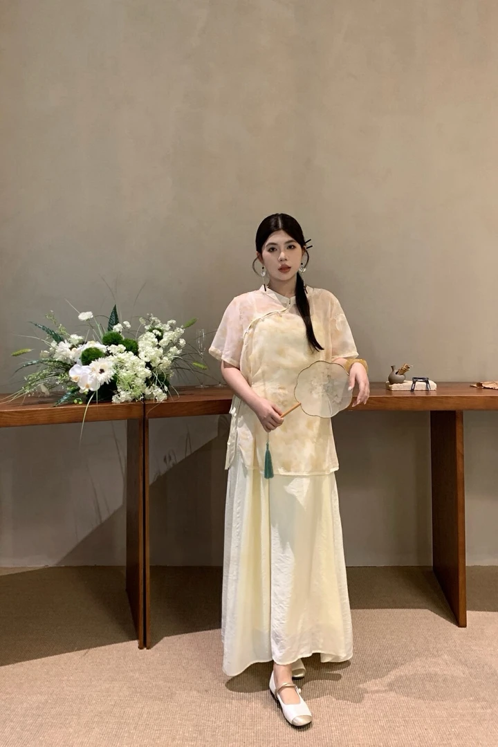 改良旗袍连衣裙提花夏季旗袍复古短袖薄款中国风气质长款大码显瘦