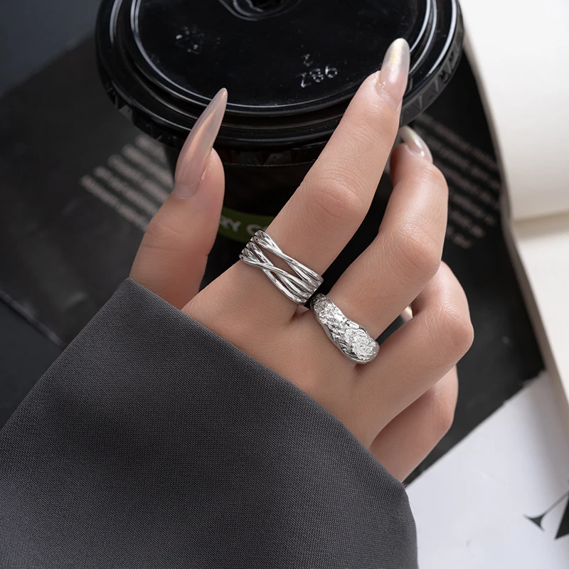 925银戒指 多层线条缠绕纯银戒指ins轻奢气质时尚冷淡风开口戒