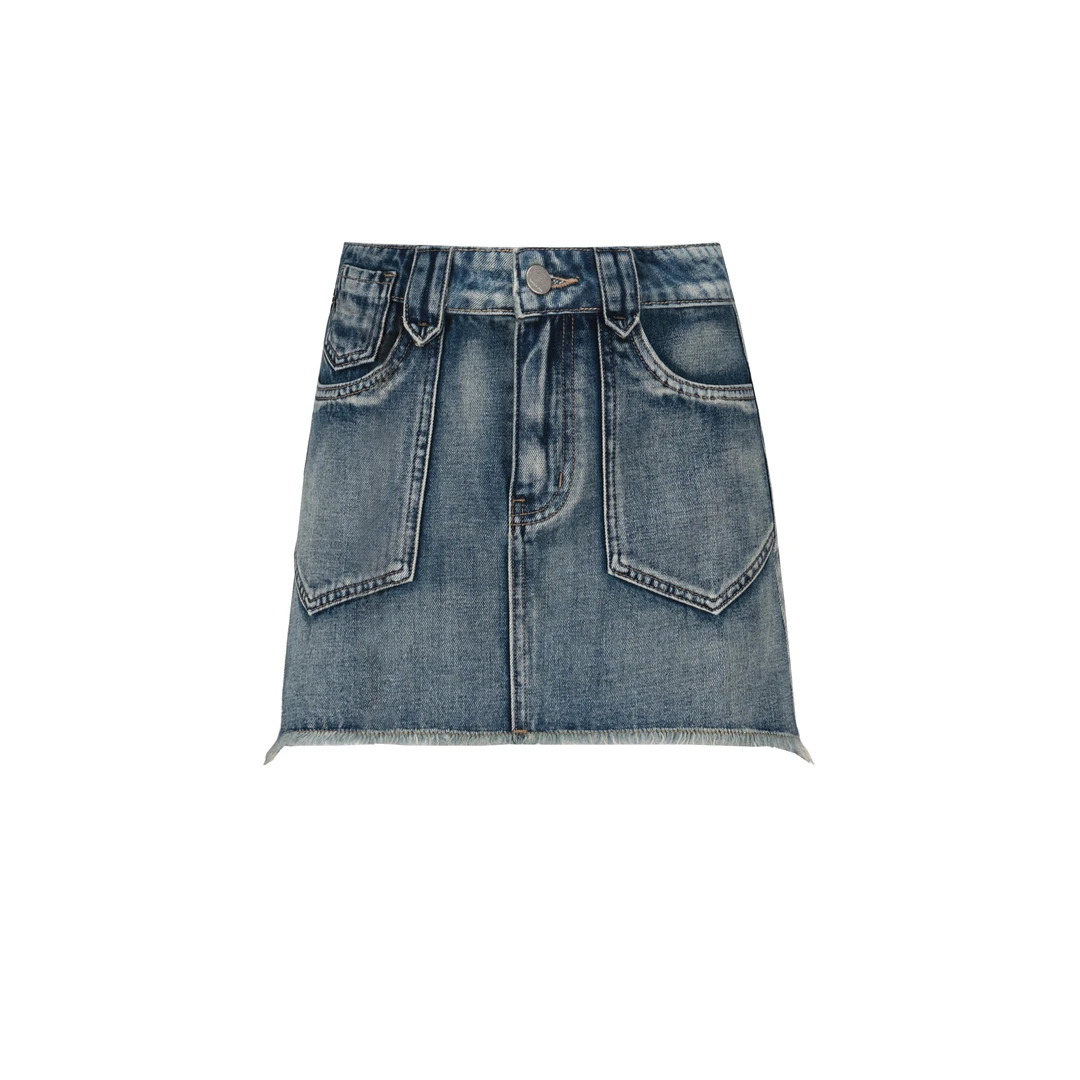 【雪花蓝不显肚子半身裙】贴袋宽腰畔毛边荃新水染色牛仔W24BR204