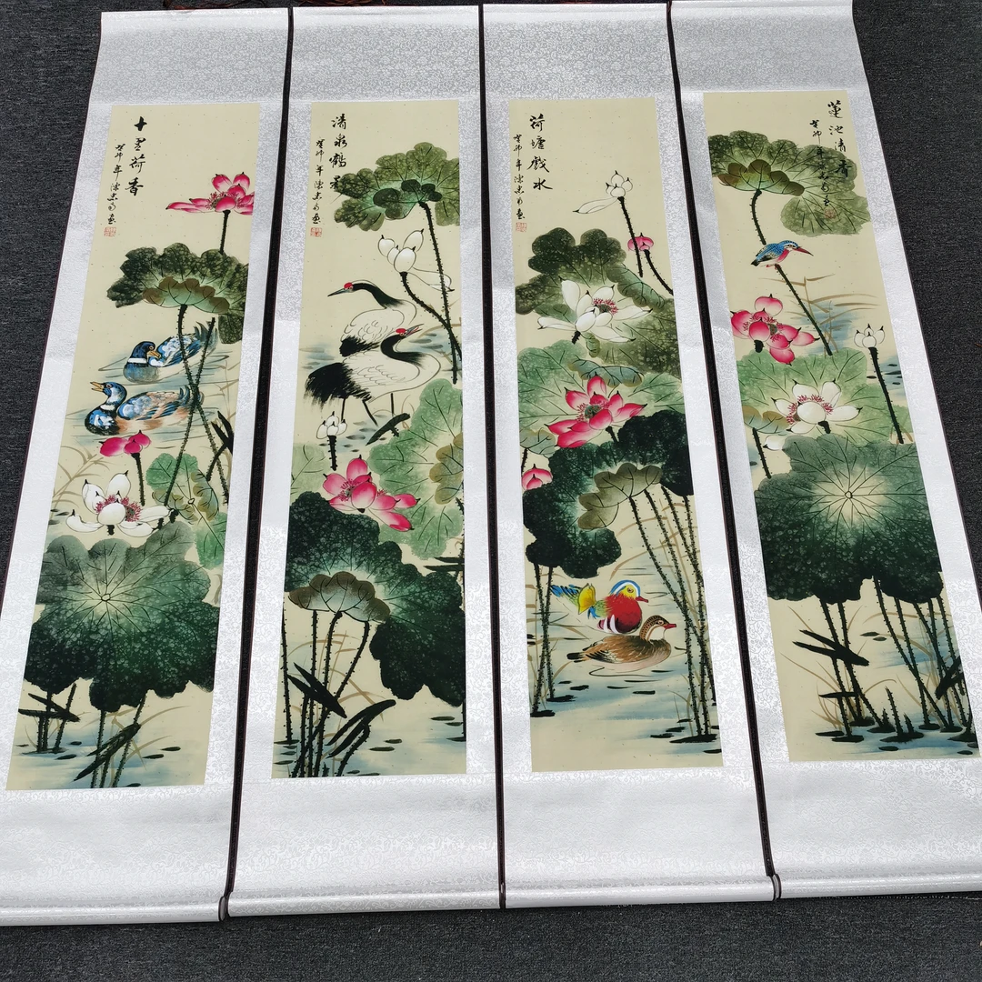 【荷花四条屏】手工装裱国画成品工笔荷花翠鸟新中式客厅卧室挂画
