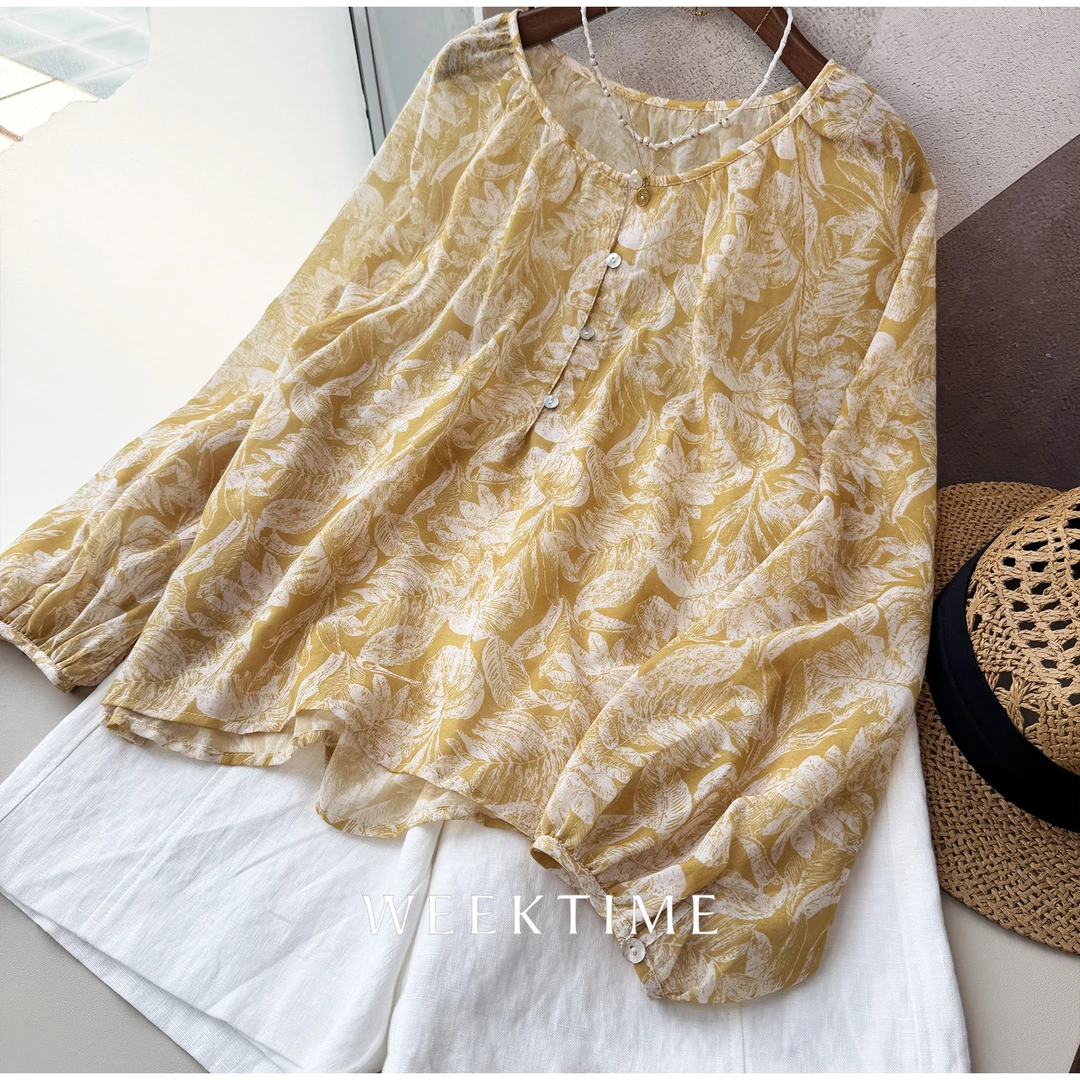 【芒果冰沙】度假风半开口印花遮阳长袖衬衫86810