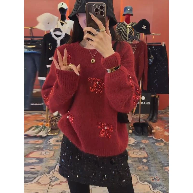 潇潇#小众设计~高定蝴蝶亮片显白气质毛衣女红色蝴蝶亮片秋冬针织