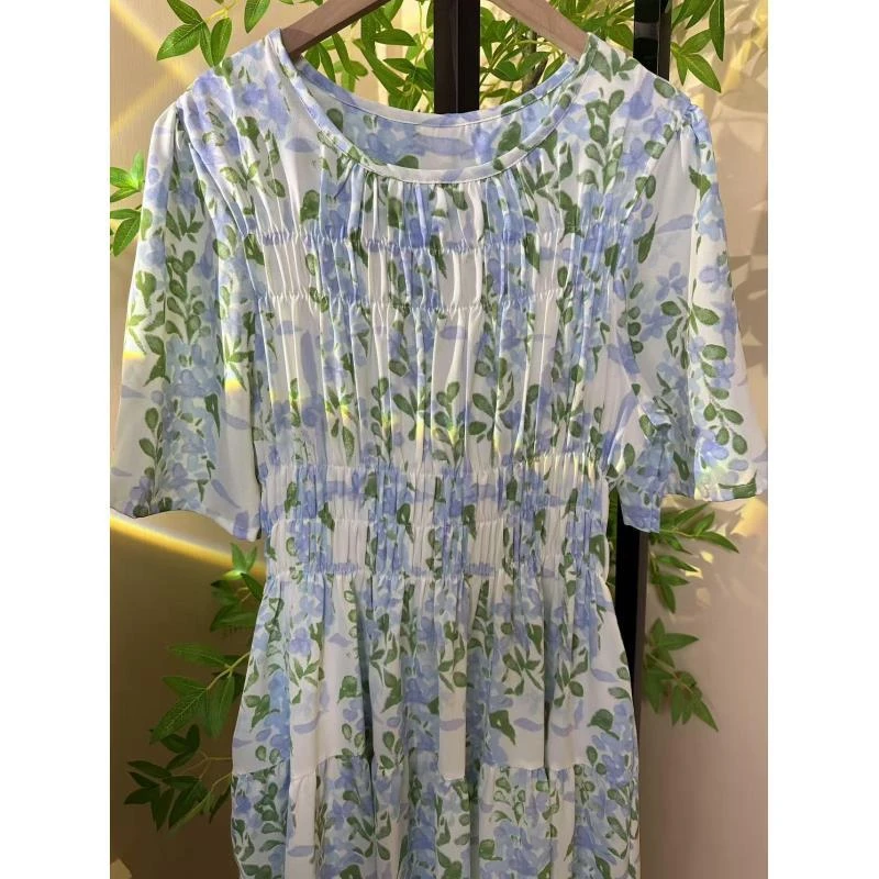 长裙圆领常规优雅气质夏季连衣裙碎花蓝色长款（编号200）