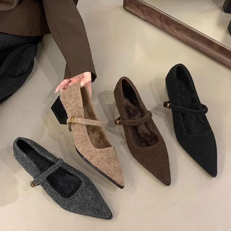 法式尖头加绒单鞋子女2025秋冬新款小香风毛呢粗跟玛丽珍鞋毛毛鞋