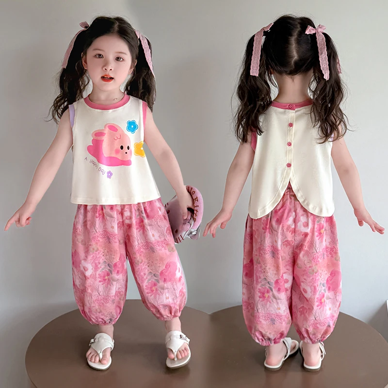 女童夏季背心套装2025新款儿童碎花防蚊裤时髦两件套宝宝薄款衣服