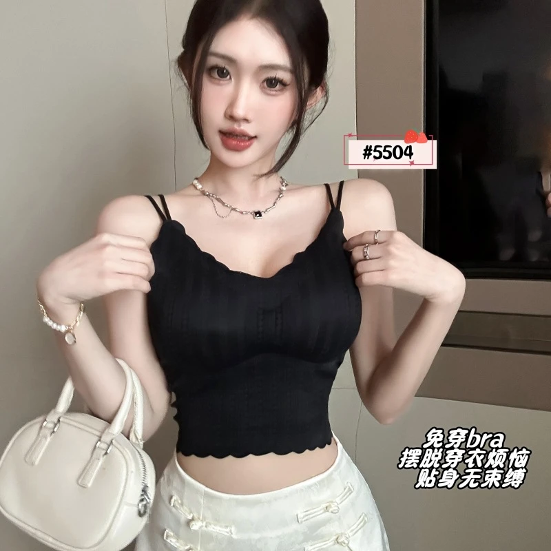 夏季薄款冰丝吊带女背心带胸垫无痕美背裹胸蕾丝内搭外穿性感内衣