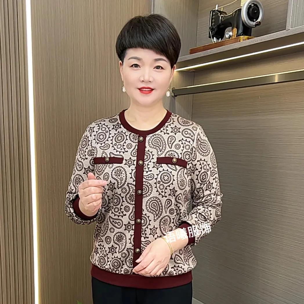 极简风圆领中老年女装休闲时尚女装宽松型印花长袖小衫F9962