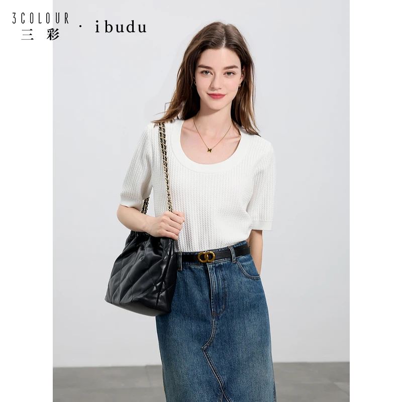 三彩ibudu2025秋季新款圆领短袖短款亮片针织衫毛衣套头衫肌理感
