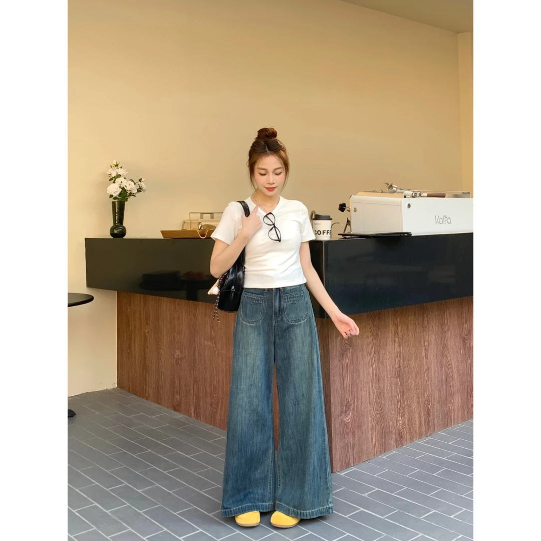 【小爽小个子】高腰百搭大脚口休闲极简宽松牛仔裤-YJ5548