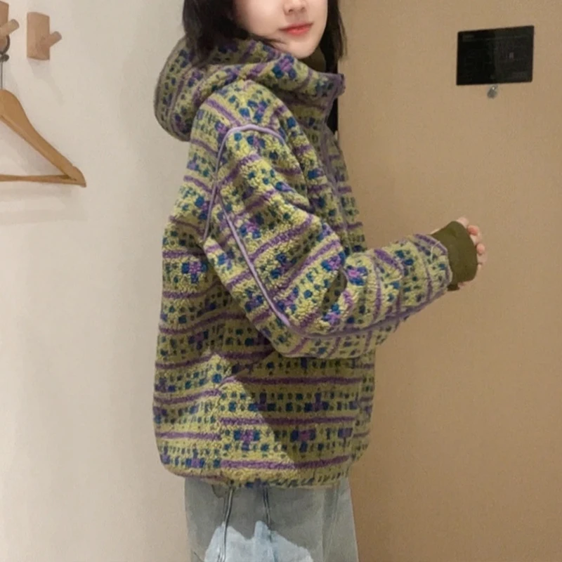 2025冬季绿点点经典时尚奥利绒加厚连帽外套女装百搭拉链开衫上衣