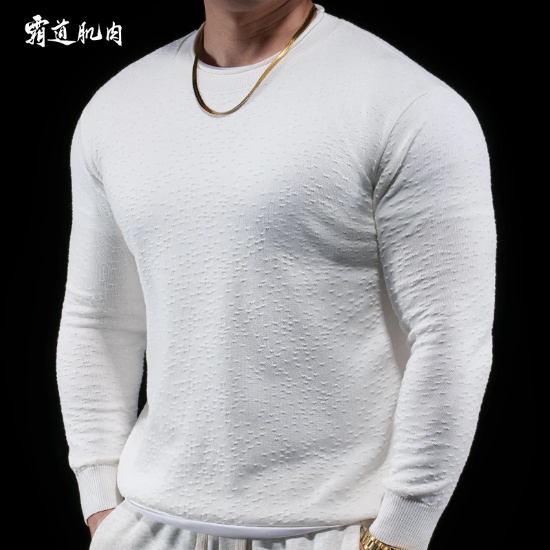 霸道肌肉男士修身显壮长袖圆领弹力打底衫透气秋冬针织衫纯色