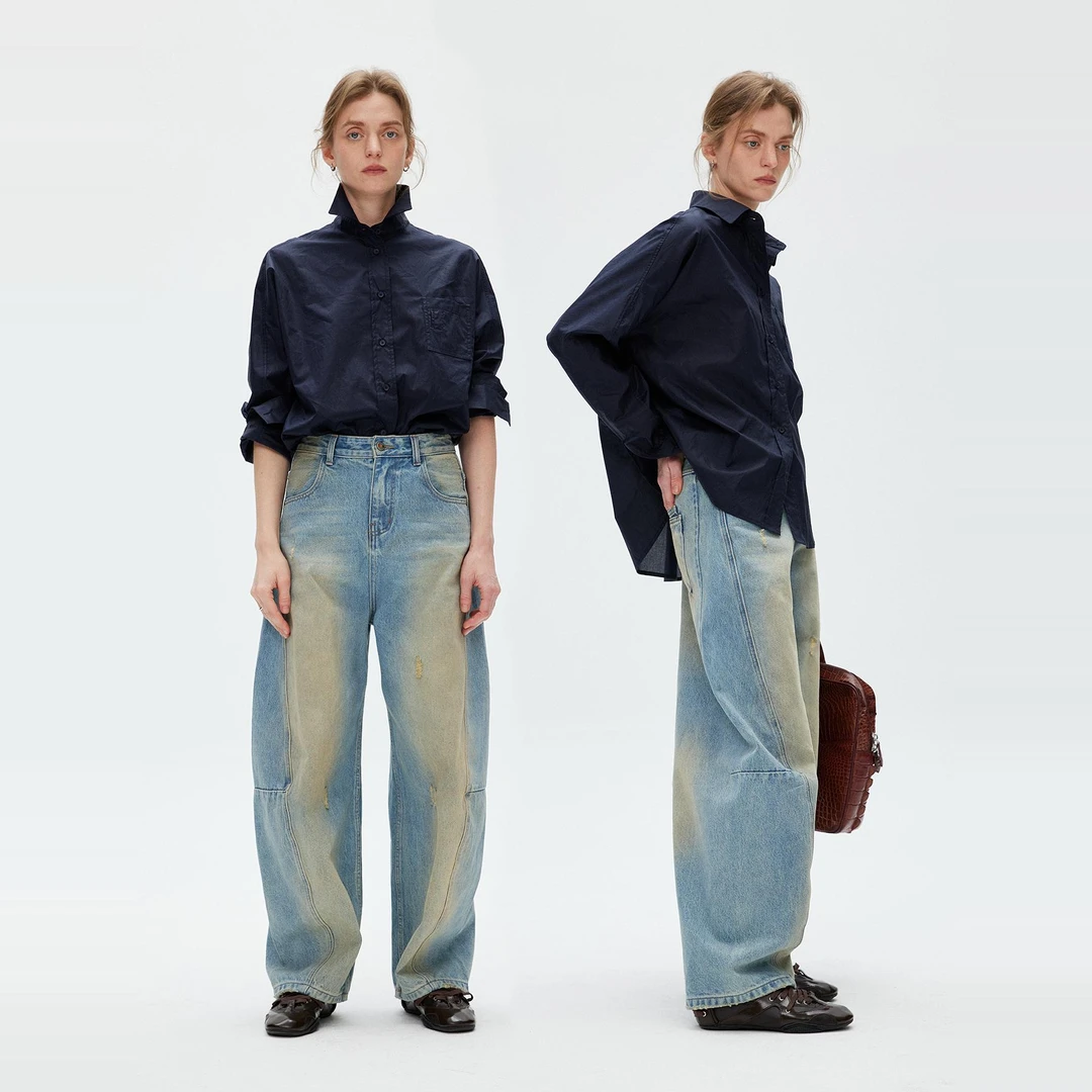 COCONUTPLAM*多重工艺做旧洗水蓝弯刀牛仔裤