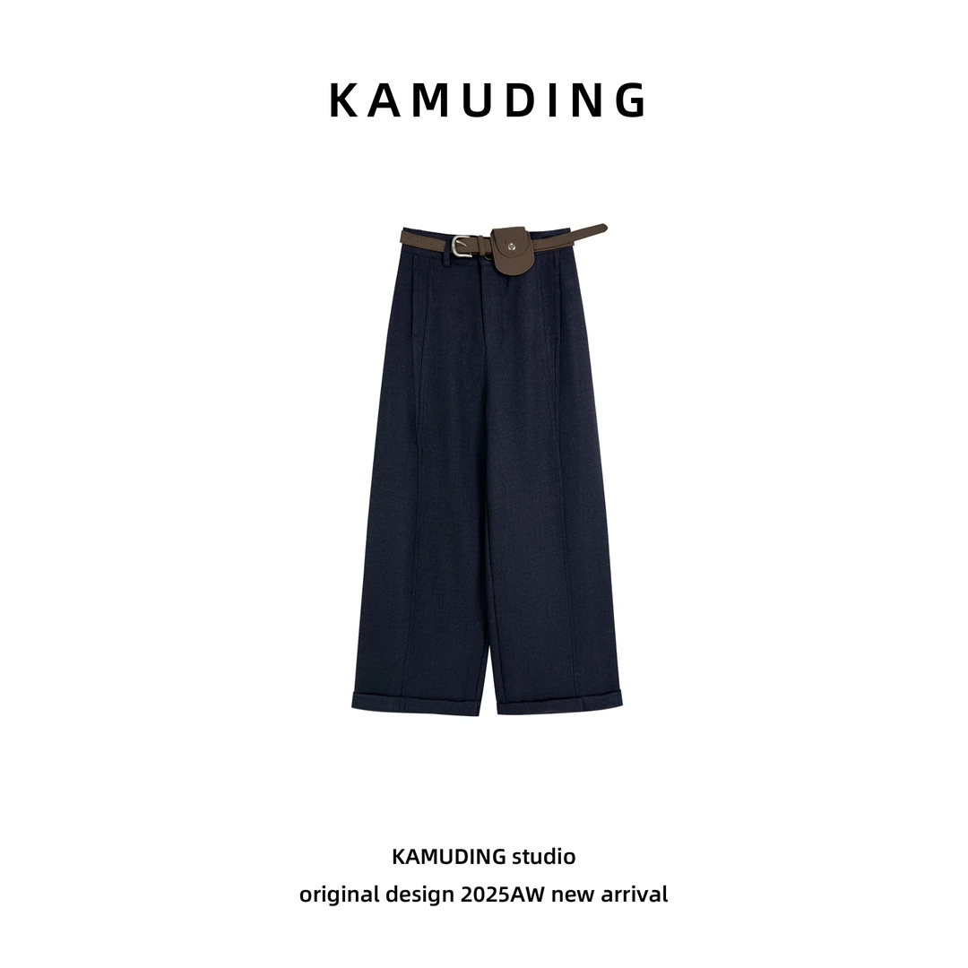 KAMUDING2025新款A35老钱风藏青色宽松百搭直筒休闲阔腿裤25609H