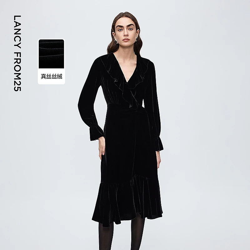 朗姿丝绒v领收腰连衣裙气质高级感轻礼服裙2025年冬季新款女