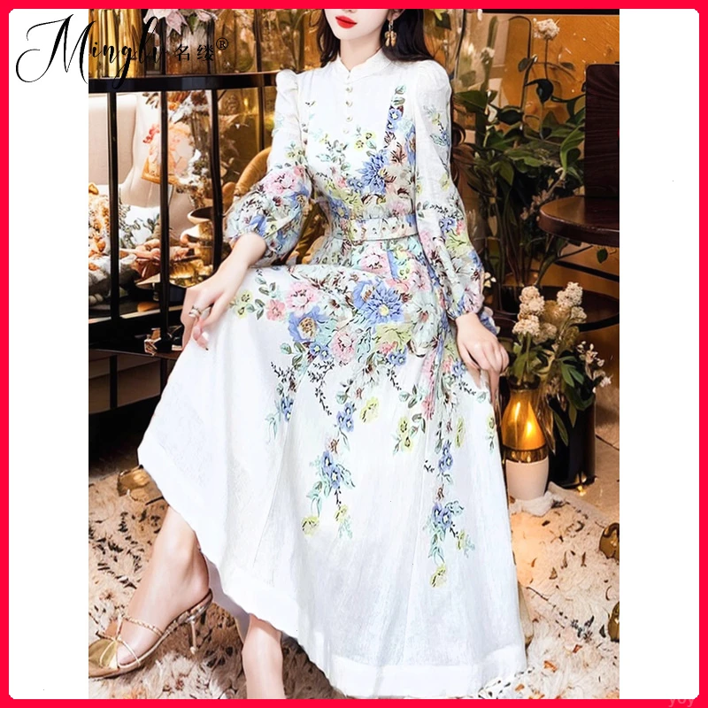 秋季气质名媛田园风法式复古精致花卉刺绣白色立领收腰大摆连衣裙