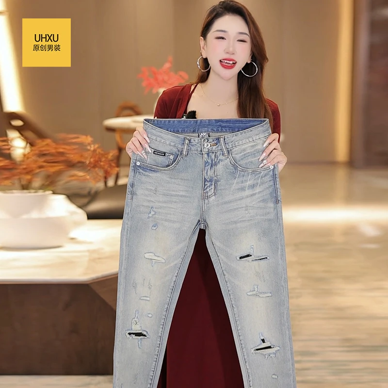 UHXU秋冬新款修身小脚直筒牛仔裤男美式复古做旧潮流破洞机车长裤