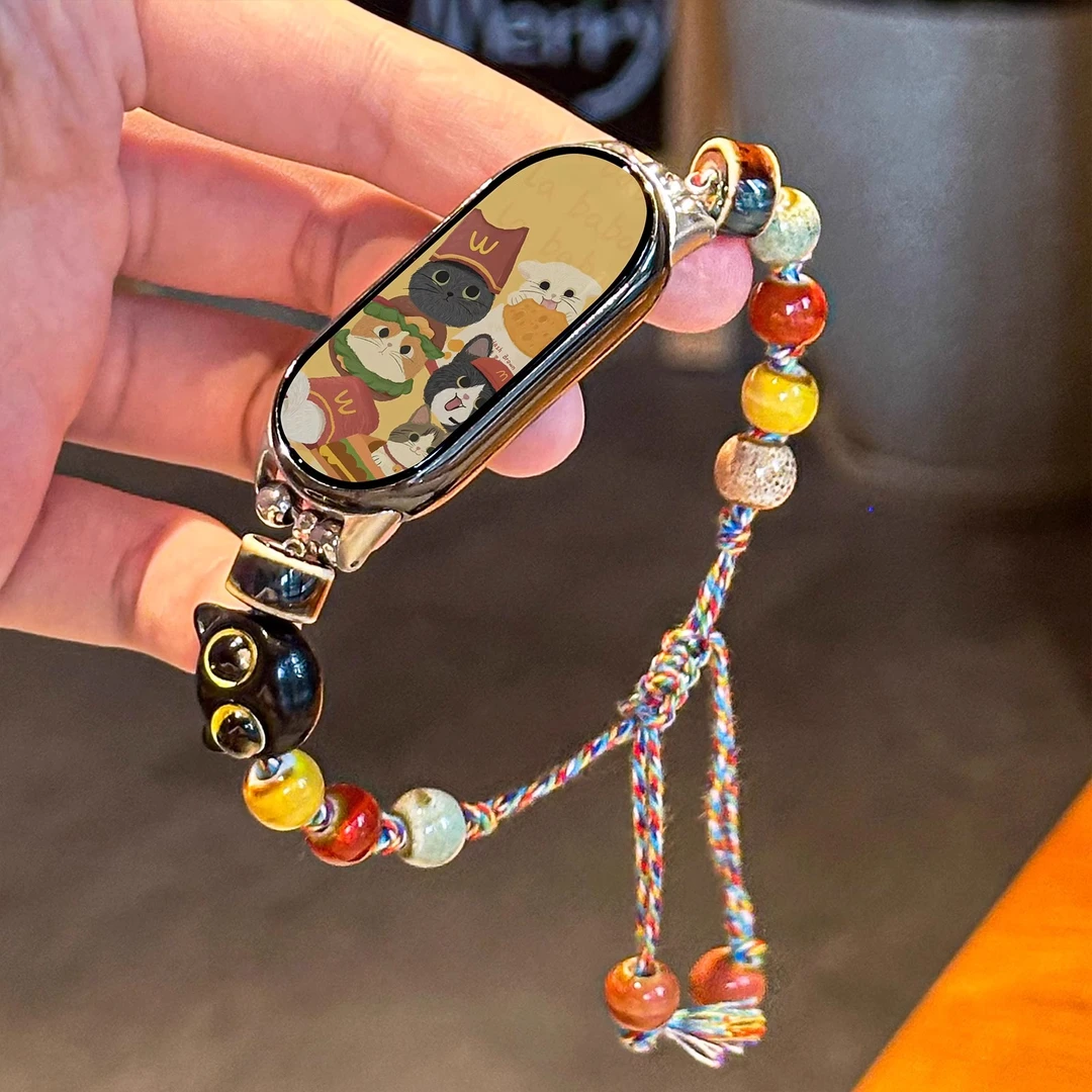 适用小米手环9新款串珠猫爪表带可爱8卡通创意替换腕带夏天舒适女