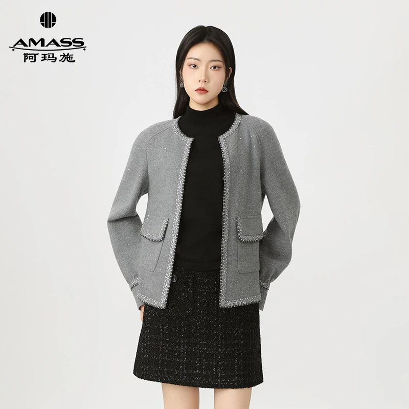 AMASS/阿玛施秋冬新款时尚百搭珠片圆领毛呢小香风外套5400312