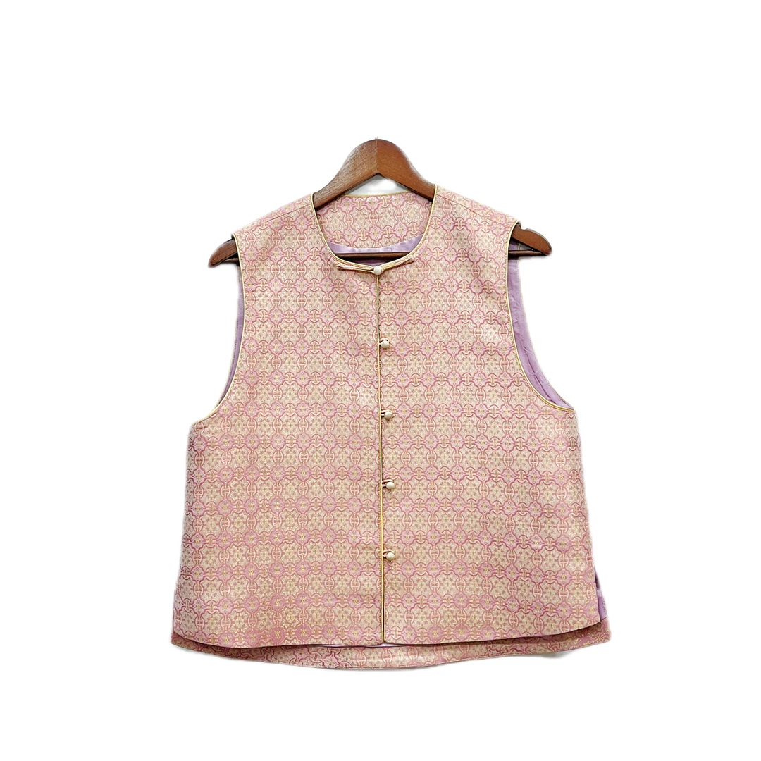 【粉定胜】上九楷经典花色粉定胜纹锦 圆领对襟 国风宋锦织金马甲