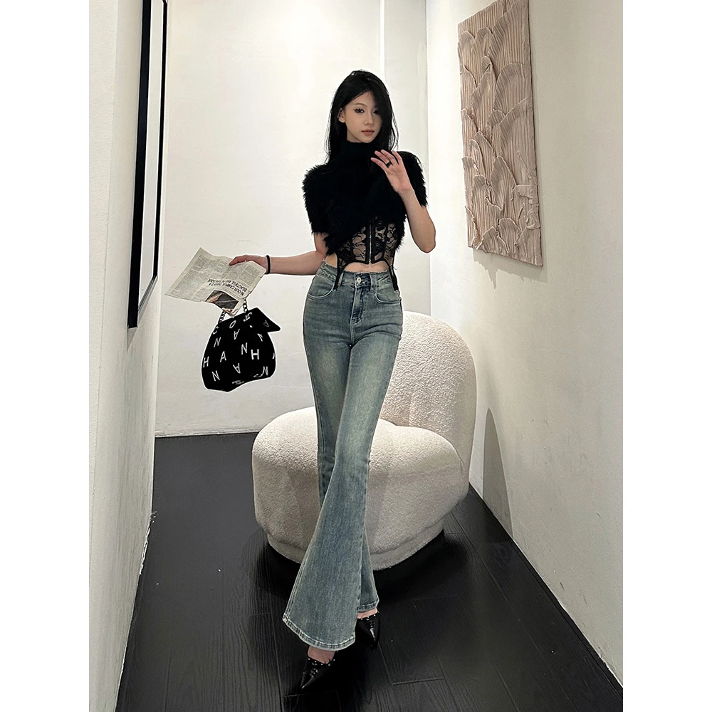 牛仔裤欧美复古高腰修身显瘦显腿长喇叭裤99303