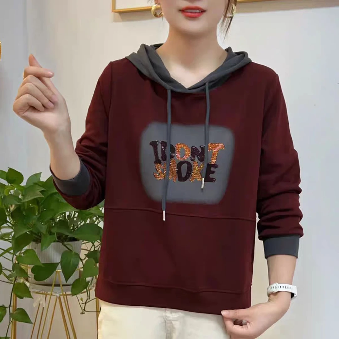 时尚百搭休闲字母印花烫钻连帽宽松加绒卫衣228