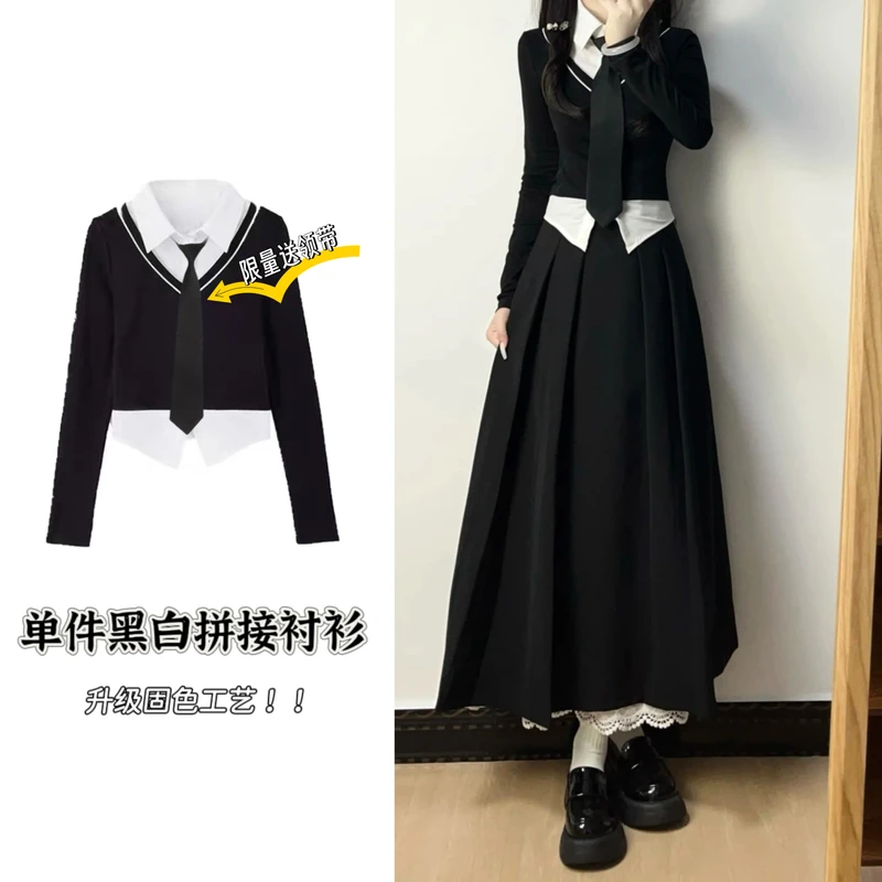 【破价+现货秒发】设计感假两件Polo领黑色拼接短款修身学院风上衣