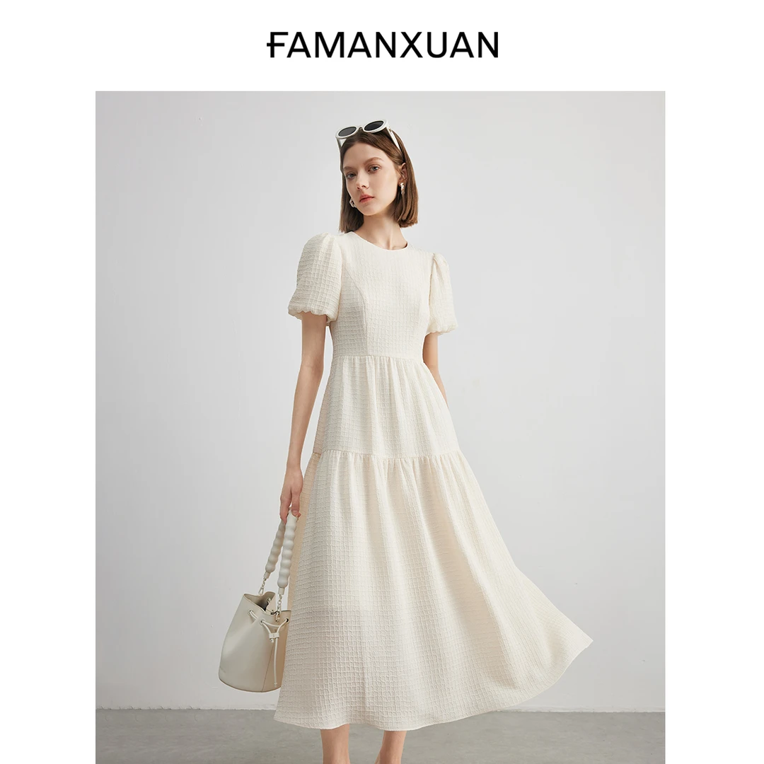 【诗语专属】法曼萱法式格子连衣裙女泡泡袖2025夏大方大摆裙子