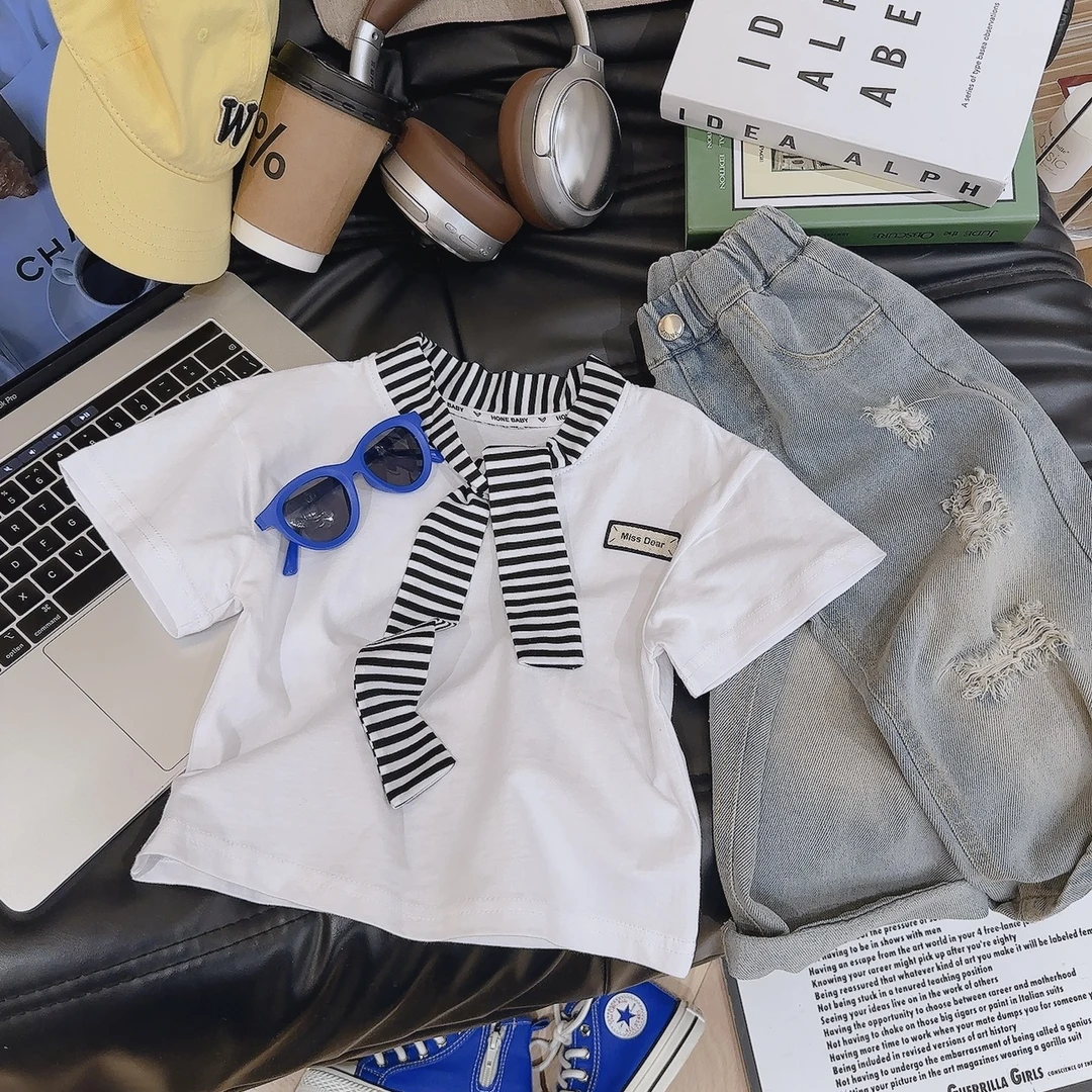 【西欧范】夏季新款挂脖领T恤男童百搭设计感学院风轻薄透气上衣