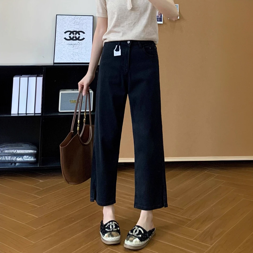 夏季薄款天丝牛仔裤女黑色高腰显瘦大码胖mm梨形身材直筒九分裤子